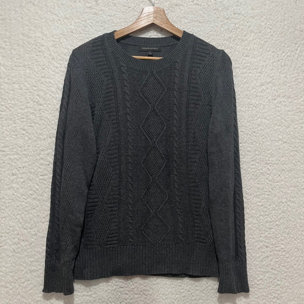 Banana Republic Women's Gray Cable Knit Sweater Long Sleeve Crew Neck Size L
